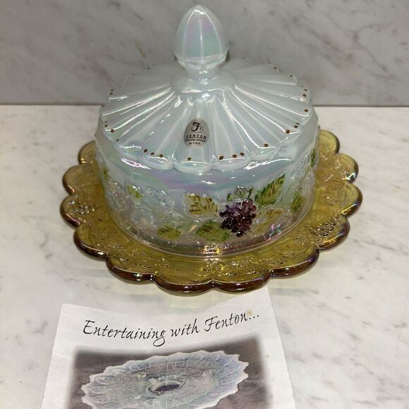 Fenton 2005 Autumn Gold Grapes Hand Painted Covered Butter Dish Signed - Picture 1 of 6